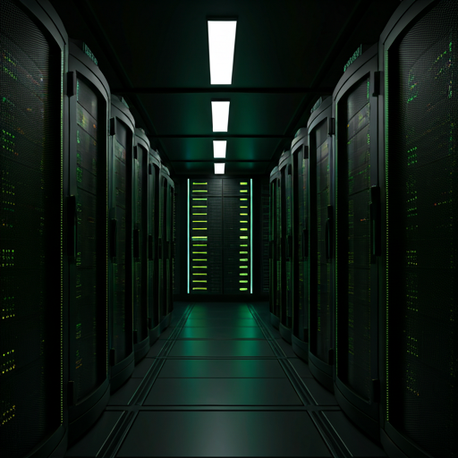 Cinematic dark tech room with glowing server racks and dramatic green lighting